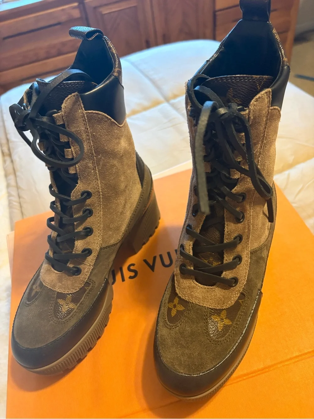 Louis Vuitton Authentic Monogram Leather Lace-Up Combat Boots Size 5.5 (36)